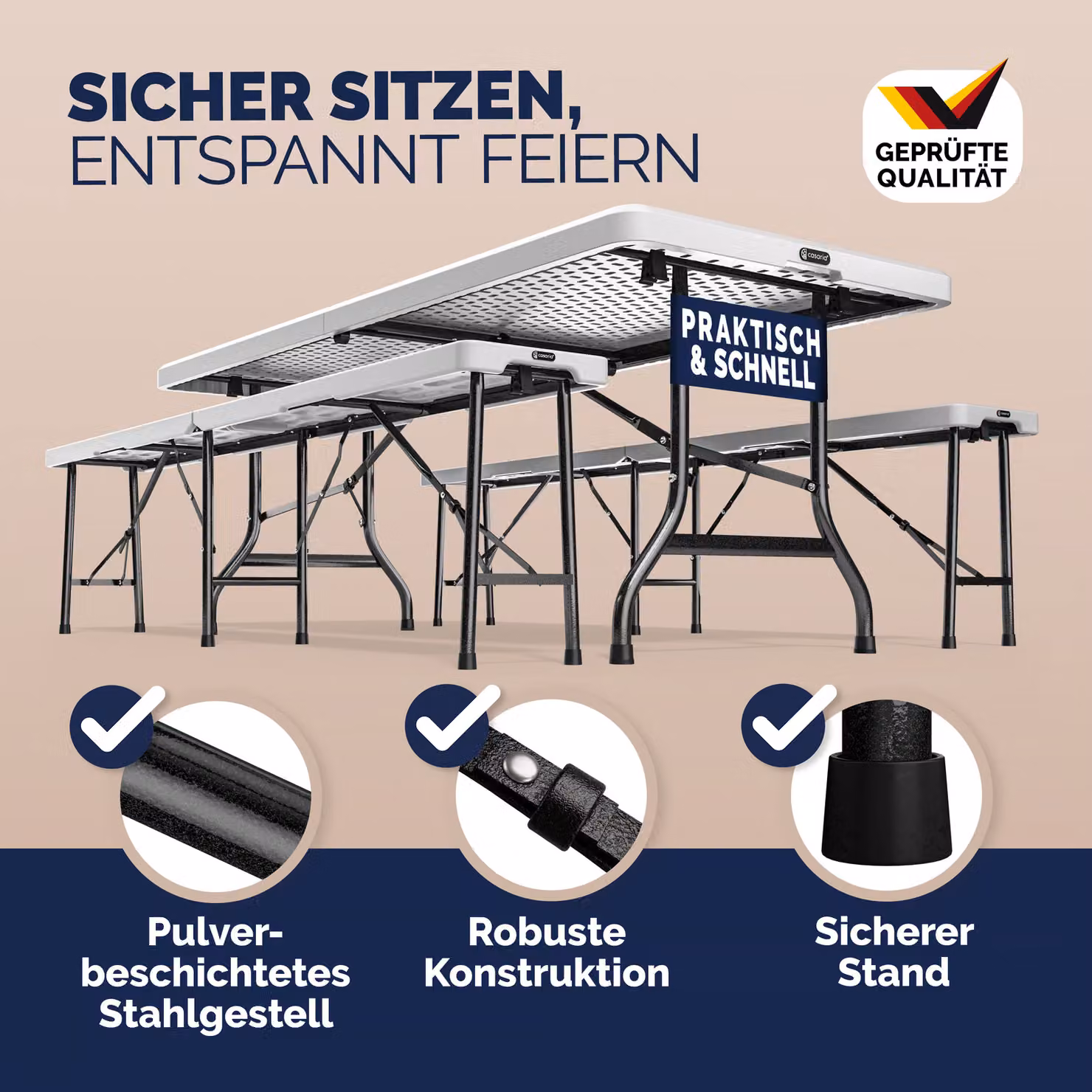 Set birreria pieghevole Casaria in plastica bianca, 3 pezzi, L: 180 cm – 3