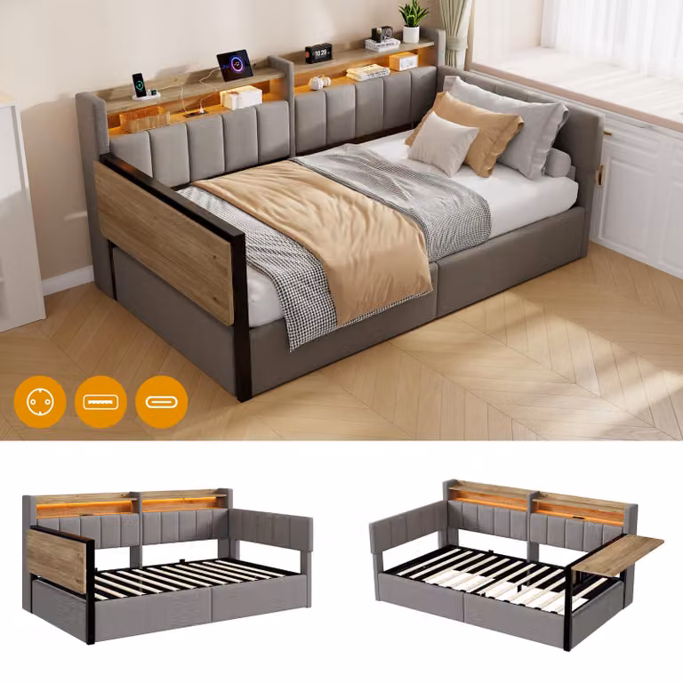 Letto a giorno 90 x 200 cm con spazio contenitore a sollevamento idraulico, luci LED RGB, porte USB e USB-C, tavolino pieghevole e ripiani modulari, rivestito in velluto, colore grigio/bianco