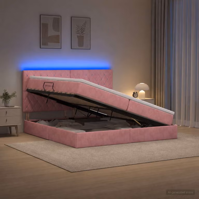 Letto con contenitore vidaXL in velluto rosa con illuminazione LED e porta USB, L/P/H: 200 x 200 x 140 cm