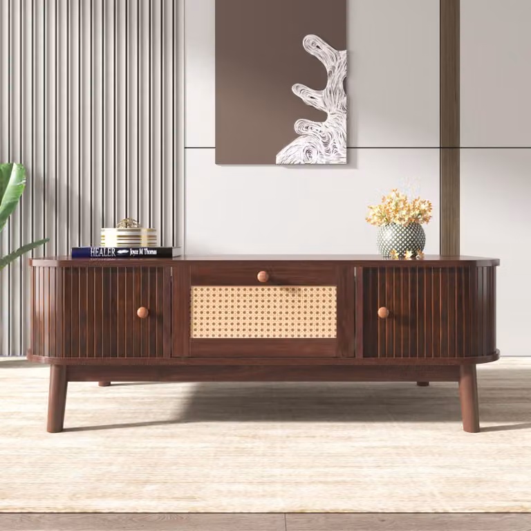 Tavolino in stile country, 110 x 55 x 38,5 cm - Tavolino con cassetti e ante in rattan - Marrone