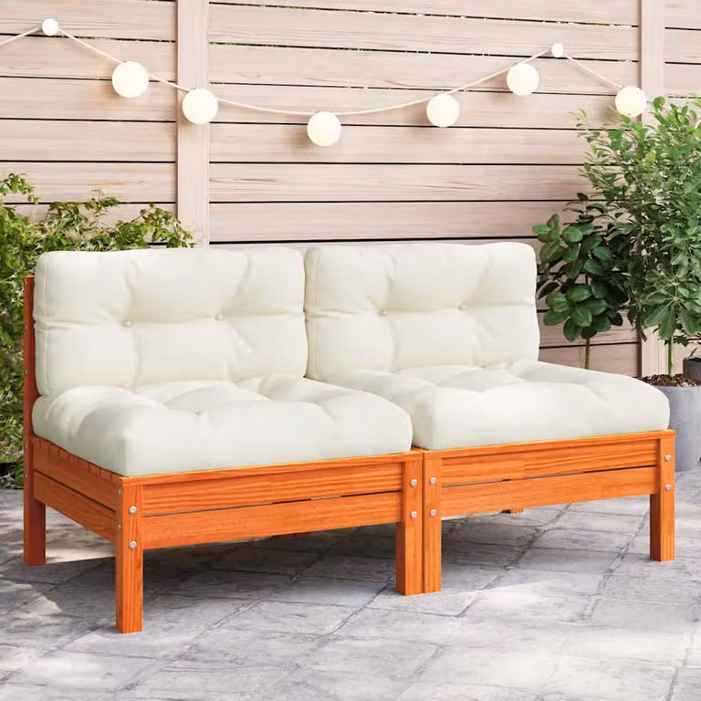 vidaXL Divano Angolare da Giardino in Legno di Pino Massello Cerato con Cuscini Marrone e Bianco