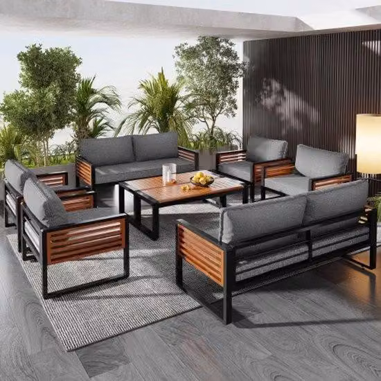 Set di mobili da giardino con struttura in acciaio inossidabile, modello largo, composto da 8 elementi: 2 poltrone, 4 sedie, 2 tavoli, colore grigio, con schienali decorativi in legno.