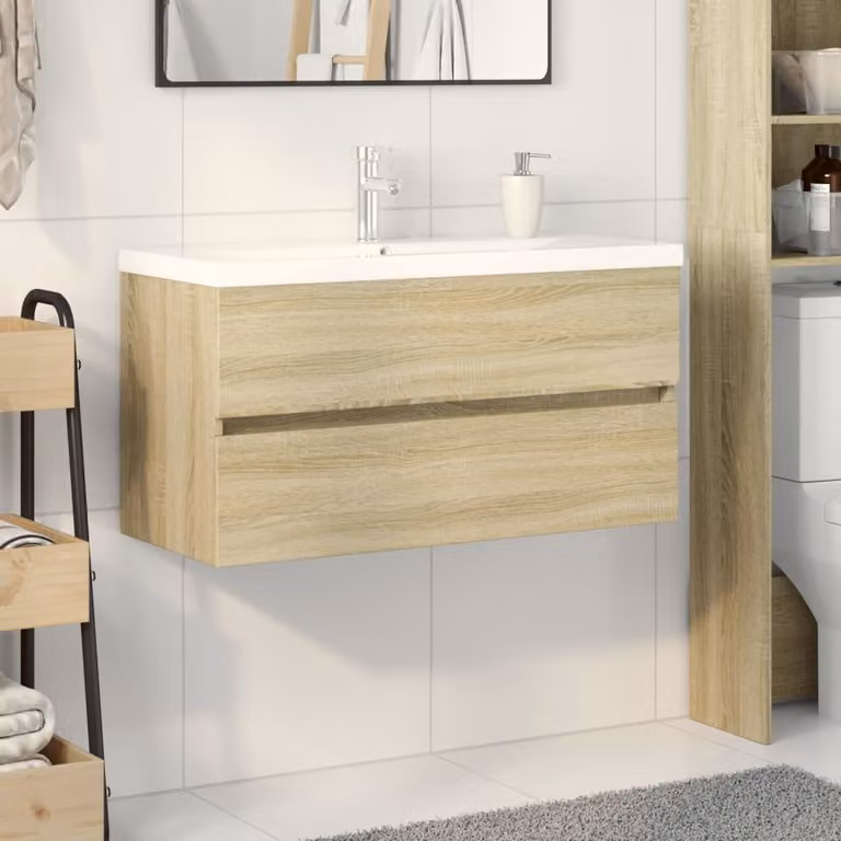 Set di mobili da bagno vidaXL in 2 pezzi in ceramica e legno multistrato bianco e marrone L/P/H: 90 x 45 x 38,5 cm