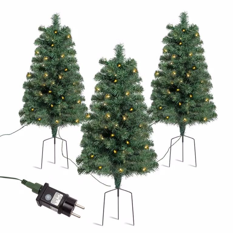 Salcar Set di 3 alberi di Natale a LED artificiali con illuminazione Piccolo albero di Natale con picchetto a terra