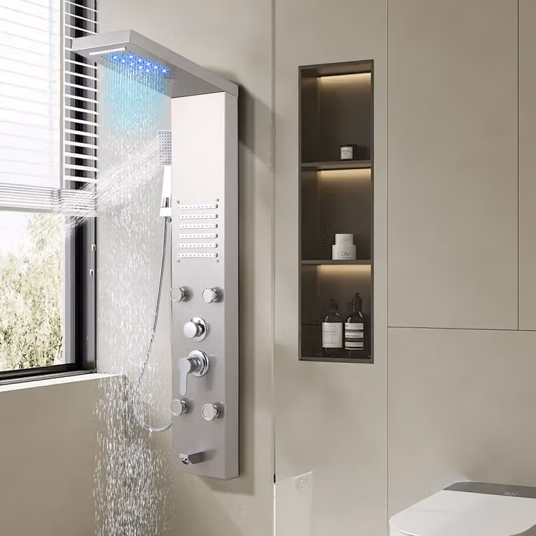 Jopassy Pannello doccia per bagno Sistema doccia idromassaggio Doccia a pioggia Pannello doccia multifunzionale 5 grandi getti massaggianti Colonna doccia, argento