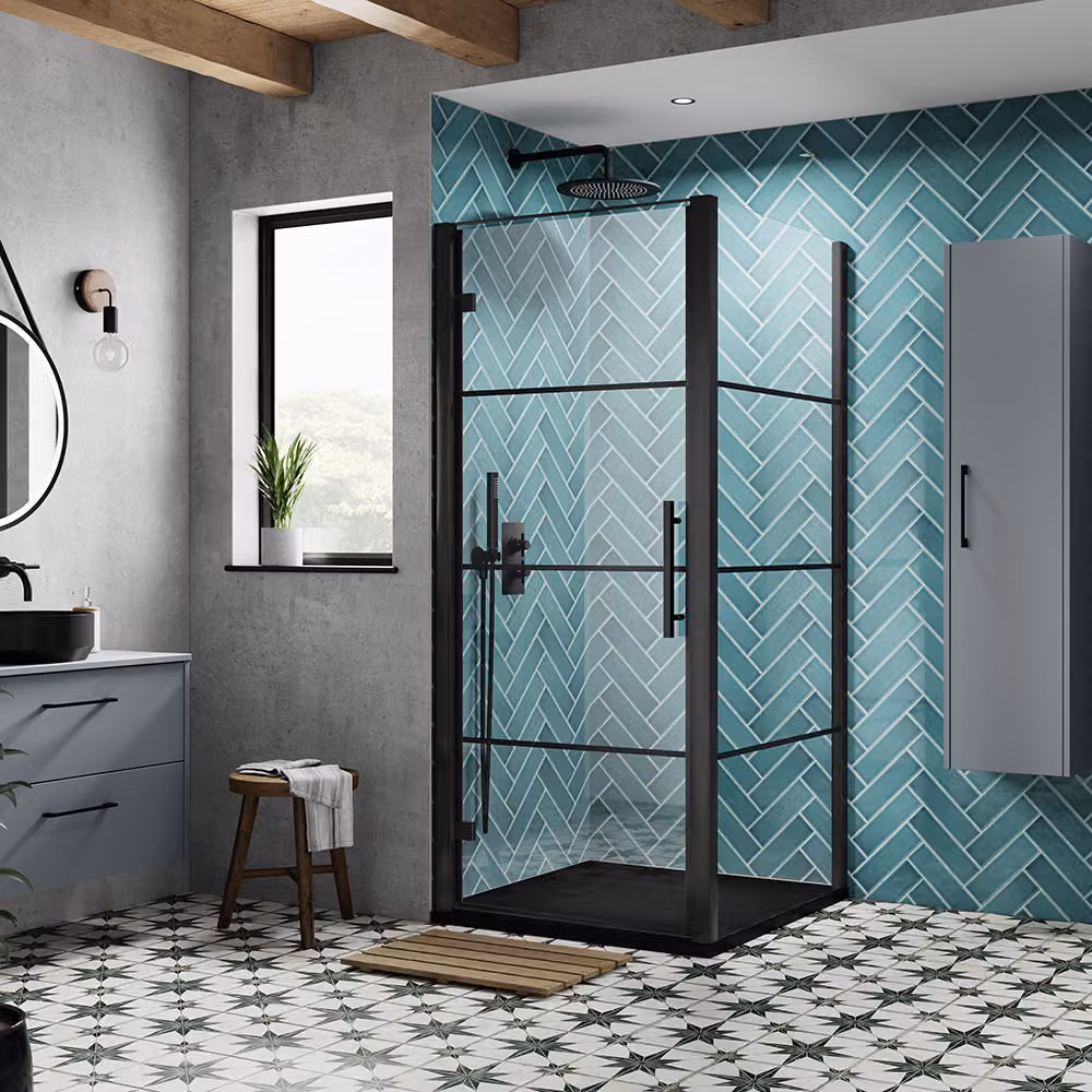 Box Doccia Angolare con Porta a Battente Nera - Piatto Doccia Grigio Chiaro - Anta Paraspruzzi 800mm - Porta Doccia 800mm