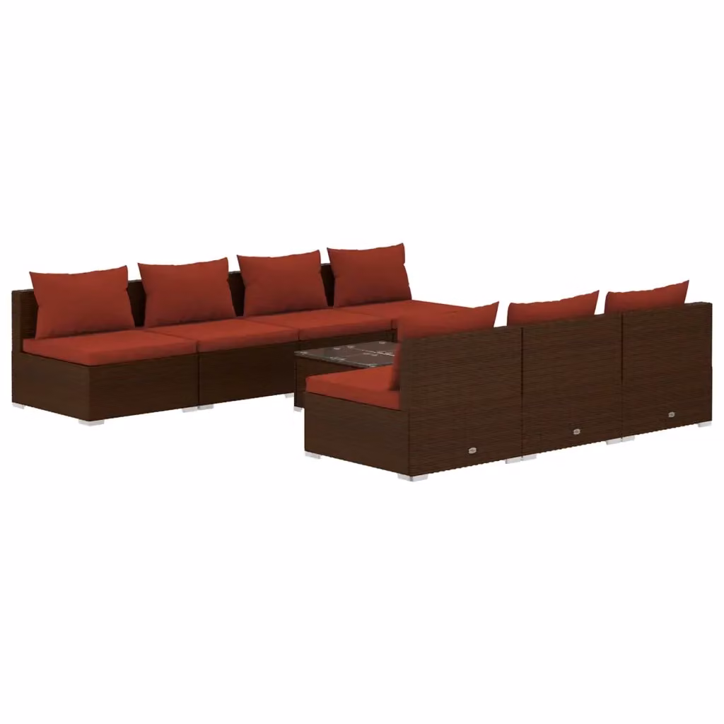 Set da giardino vidaXL composto da 8 pezzi con divano a 3 posti, tavolino da caffè e cuscini in rattan marrone e rosso con struttura in acciaio verniciato a polvere e sedute imbottite – 2