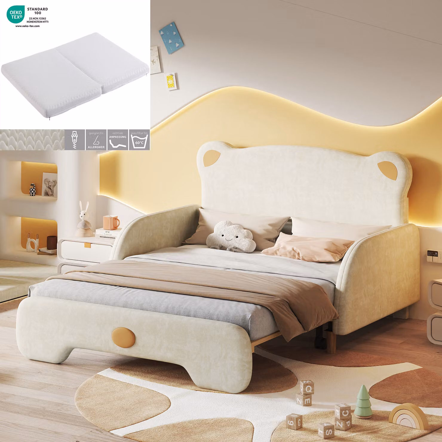 Sweiko (con materasso) letto matrimoniale a forma di orso, letto imbottito, letto per bambini, letto da giorno, letto estraibile, con bordi protettivi morbidi, con doghe in legno, velluto, beige (140x110cm&140x200cm), materasso in spugna bianca