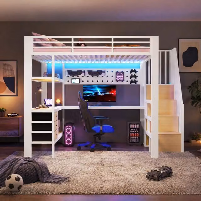 Letto a soppalco 140 × 200 cm con scrivania, 3 cassetti, parete forata, presa e LED, senza materasso, bianco