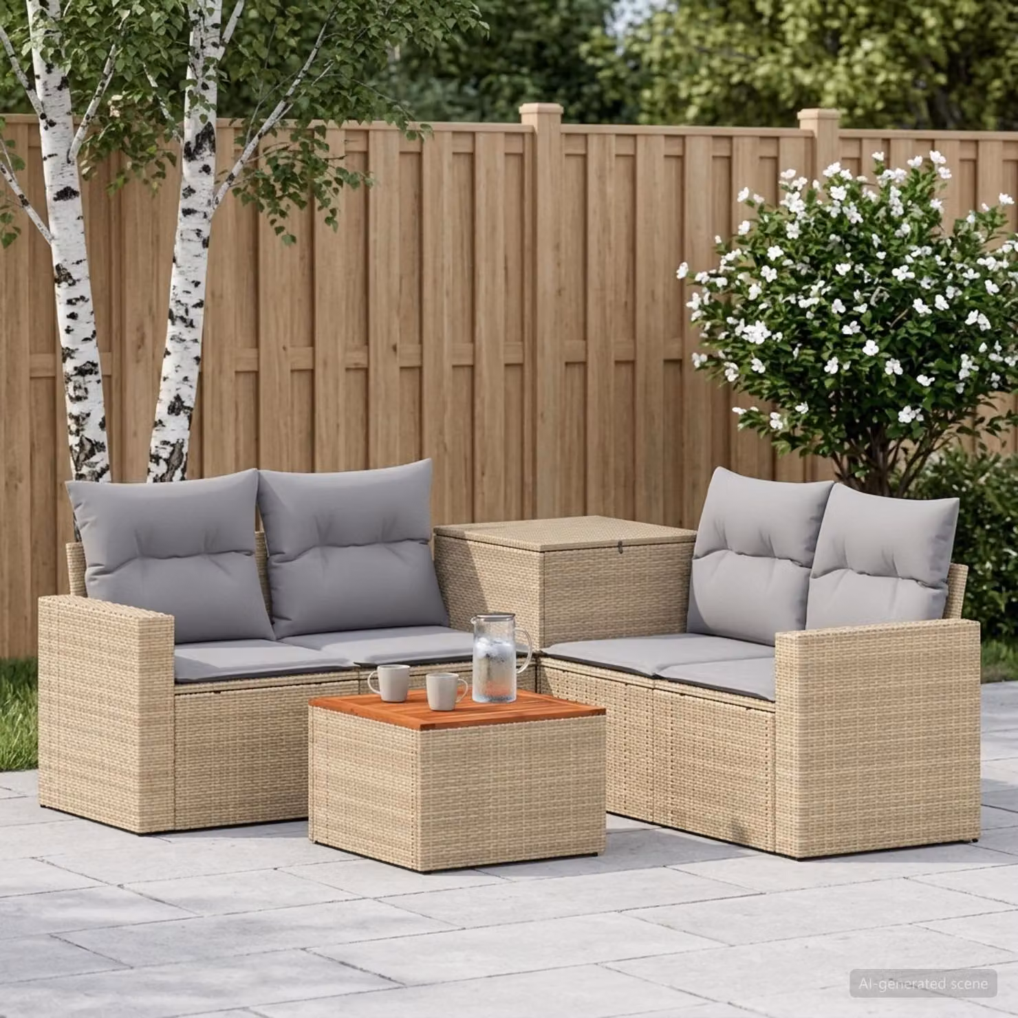 Set di divani da giardino vidaXL a forma di U in polyrattan con cuscini, beige e grigio