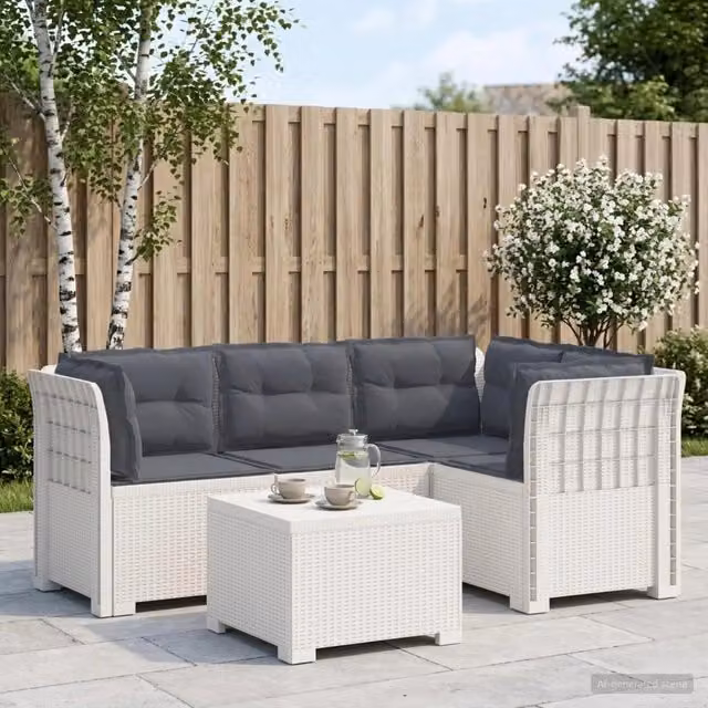 Divano da giardino 4 posti con cuscini aspetto rattan PP Bianco 3444025