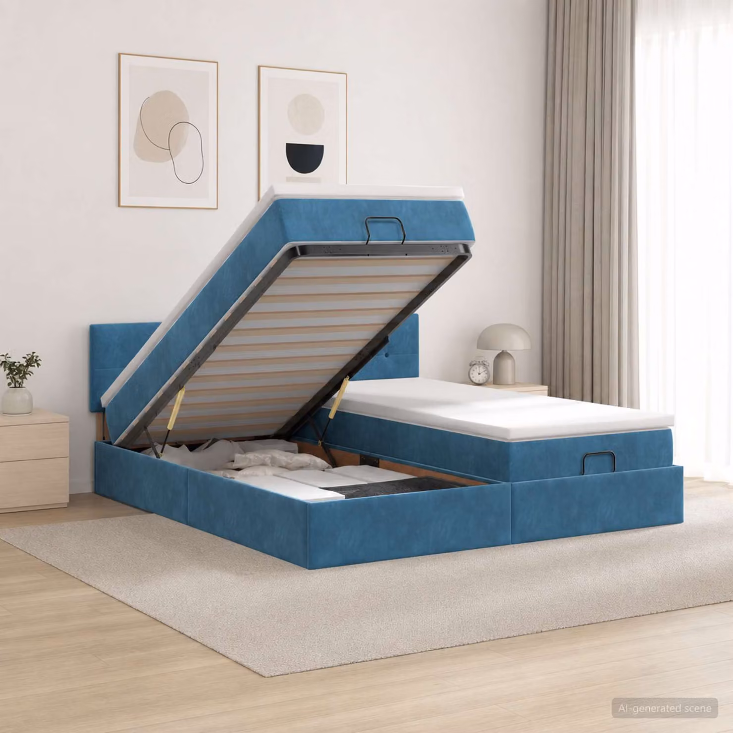 vidaXL Letto ottomano moderno in velluto blu con materasso ibrido L/P/H: 203 x 160 x 88 cm