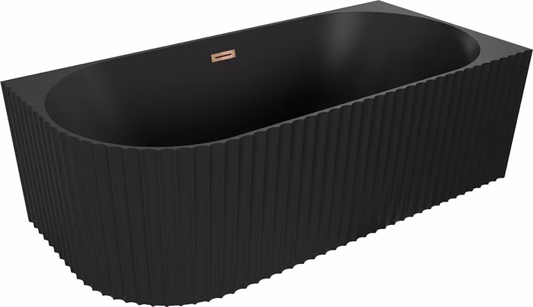 Mexen Gia vasca da bagno indipendente angolare rigata destra 150 x 75 cm, nero opaco, troppopieno oro rosa - 52701507571P-60