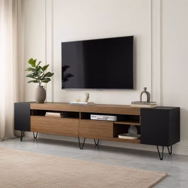 Cassettiera per TV moderna KOMHTOM nera con finitura legno, L: 180 cm, P: 36 cm, H: 43 cm