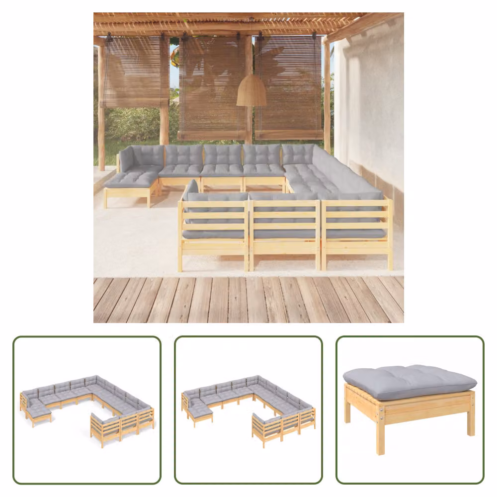 The Living Store Set da giardino da 12 pezzi con cuscini grigi in legno di pino