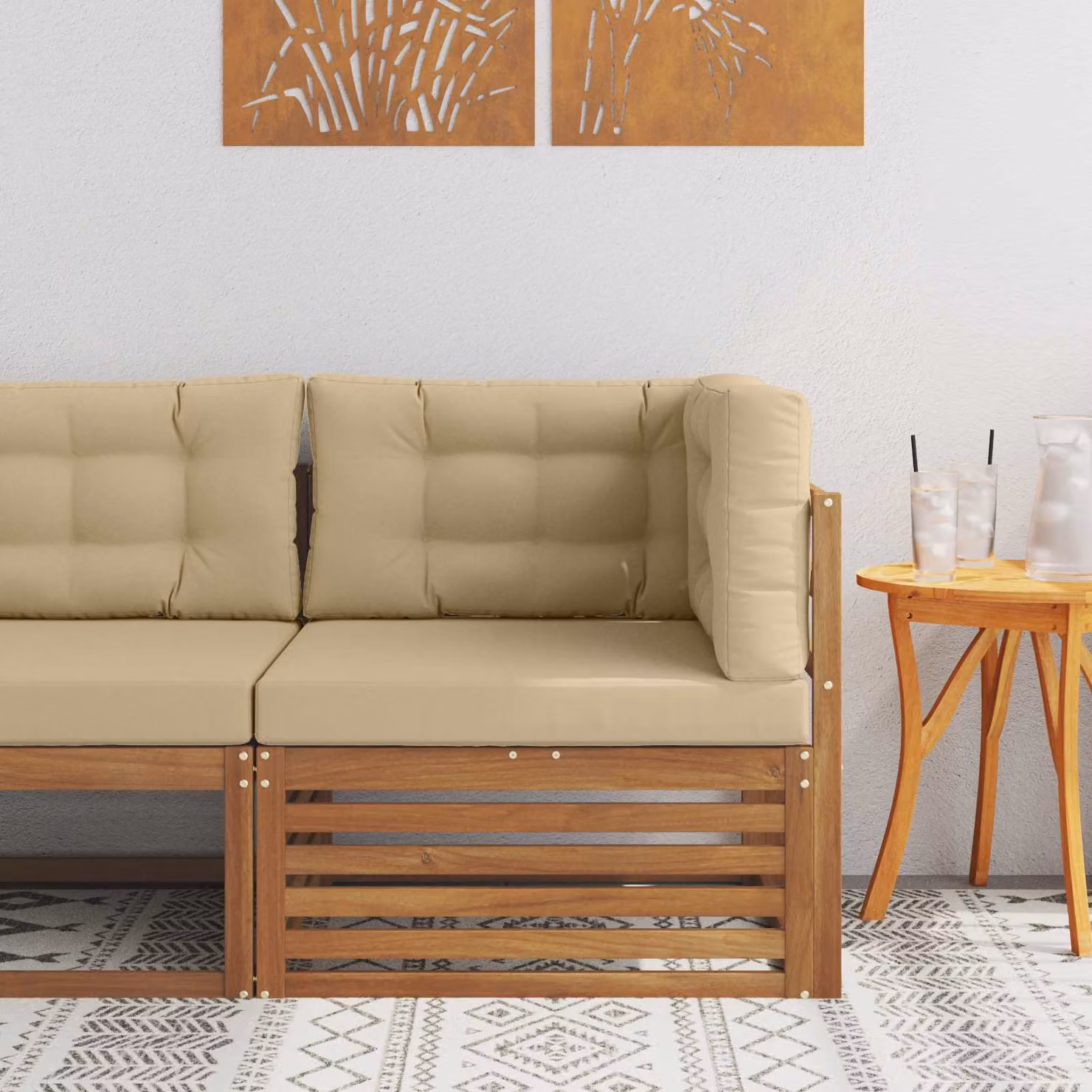 vidaXL Divano angolare da esterno moderno in legno di acacia con cuscini beige e marrone