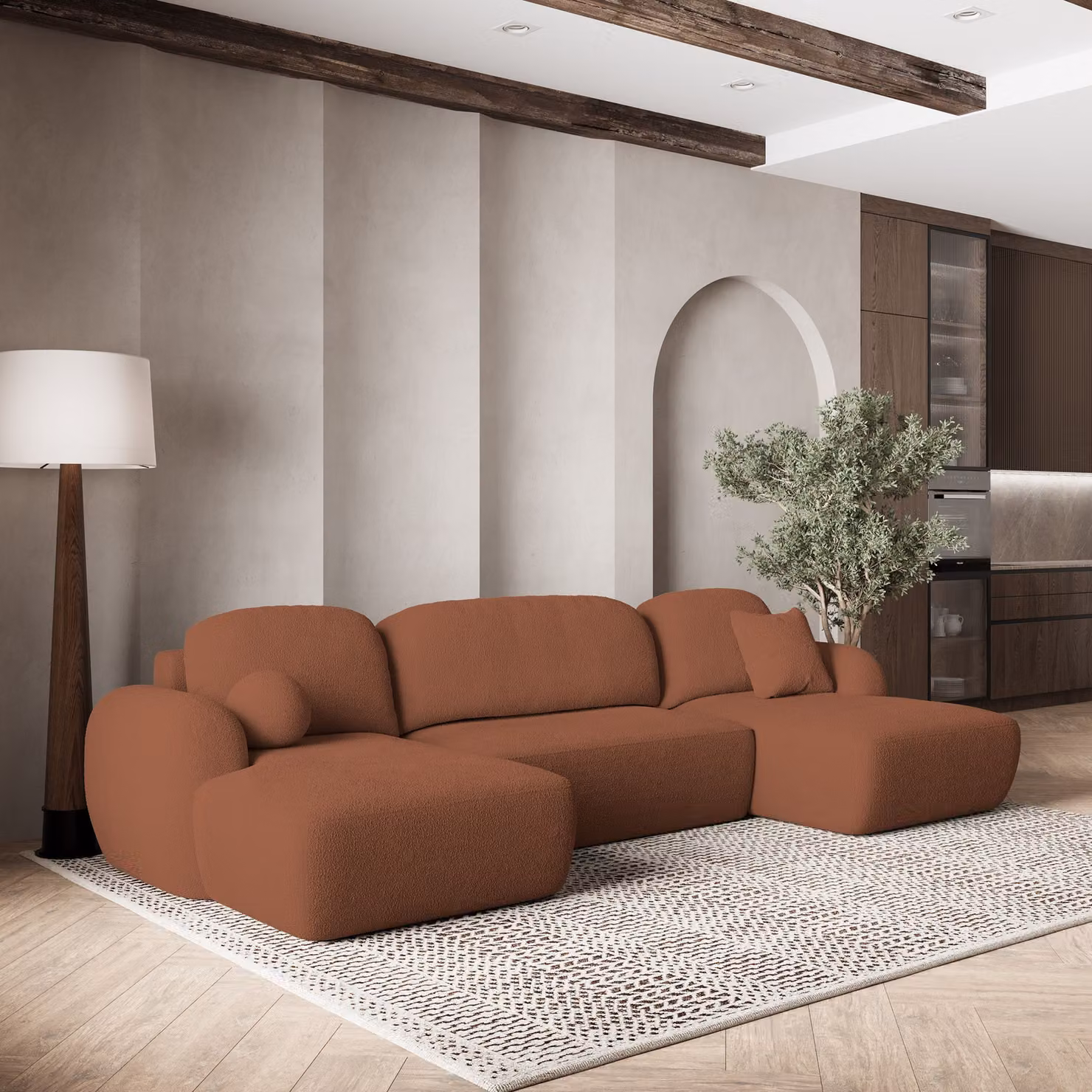 Divano angolare SAVONA N di Masseno con funzione letto a U, divano con box letto, divano da salotto, divano, divano letto, set di divani - arancione, ORA O MAI PIÙ 54