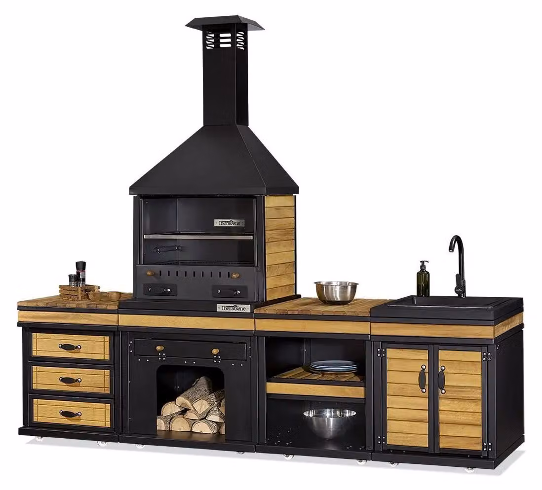Elegante Außenküche aus Holz und Edelstahl in Schwarz