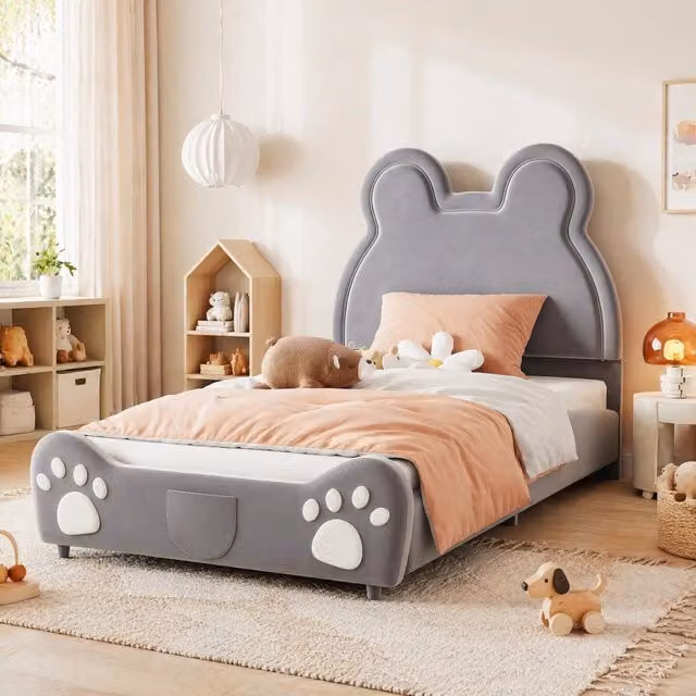Letto imbottito per bambini a forma di orso; 90×200 cm; velluto grigio