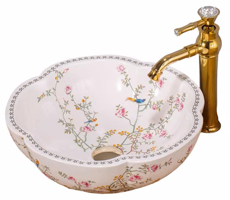 Set per lavabo in Vetroceramica, forma rotonda, diametro 42 cm, con miscelatore dorato e decoro floreale