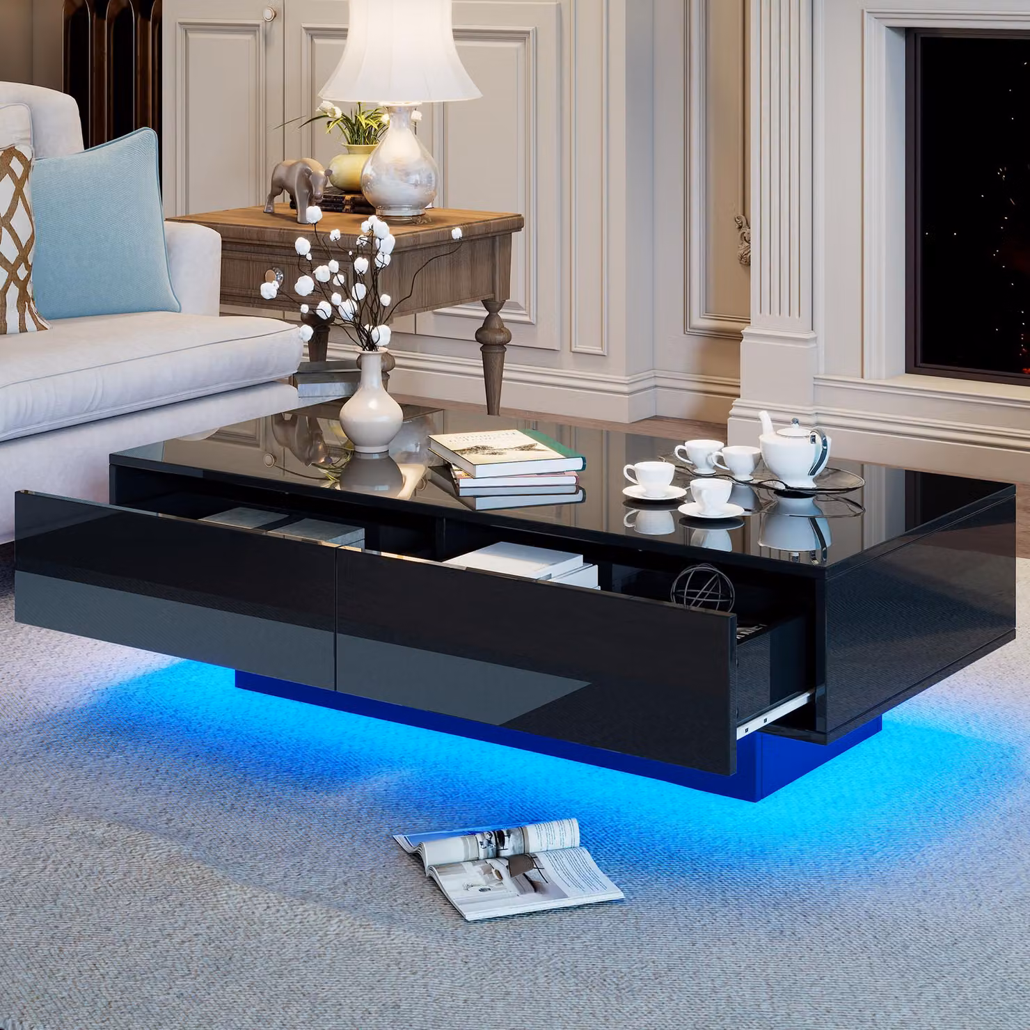 Tavolino da caffè, dimensioni 115 x 55 x 34 cm, realizzato in pannello di particelle di legno al 100%, colore nero, dotato di 2 cassetti e illuminazione LED, con pannelli in finitura lucida