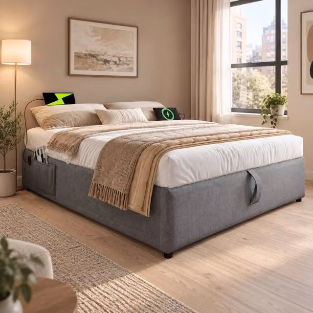 Letto contenitore 160x200 cm senza testiera con USB e USB-C in cotone e lino grigio