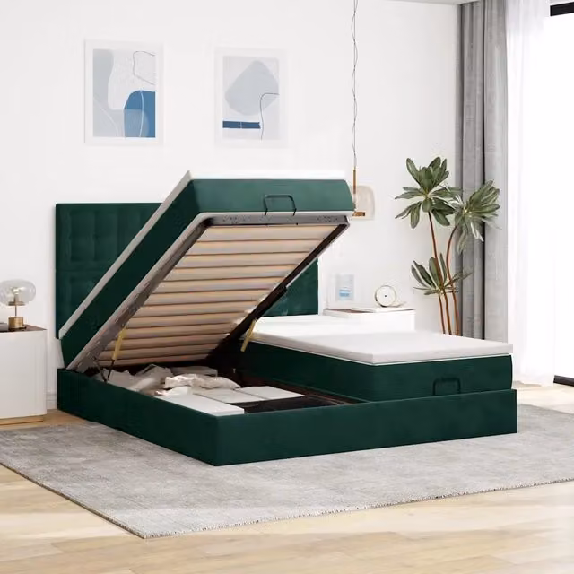 Letto con contenitore a sollevamento e base a molle vidaXL in velluto verde L: 160 cm, P: 200 cm, H: 280 cm