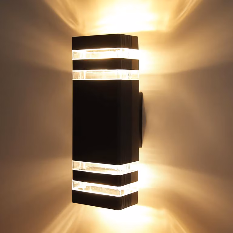 Lampada da parete esterna, 2 x 6W, attacco GU10, 3000K, design a doppio anello, colore nero, alluminio