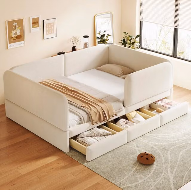 Letto imbottito per bambini 140x200 cm beige in velluto con 3 cassetti