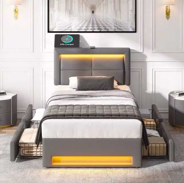 Letto imbottito 90x190 cm con USB, ricarica wireless, LED e 4 cassetti in PU grigio