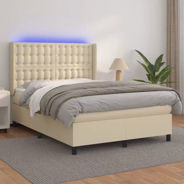 Letto a Molle Ibrido con Materasso vidaXL, Colore Beige e Bianco, con Illuminazione LED Sotto il Letto e Porta USB, L/P: 140 x 190 cm – 1