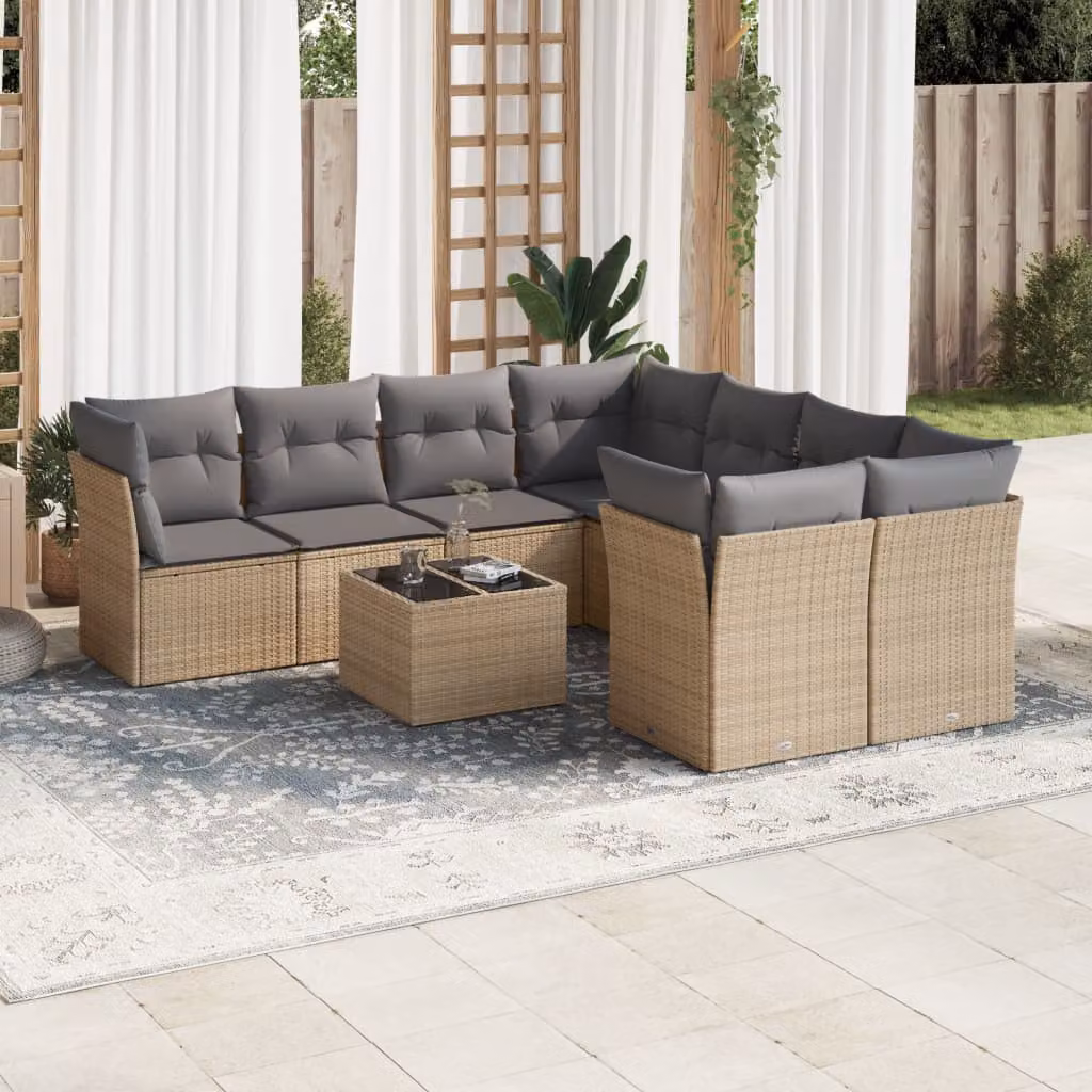 vidaXL Set Divano da Giardino 9 pz in Polyrattan con Cuscini Beige e Tavolino da Esterno – 1