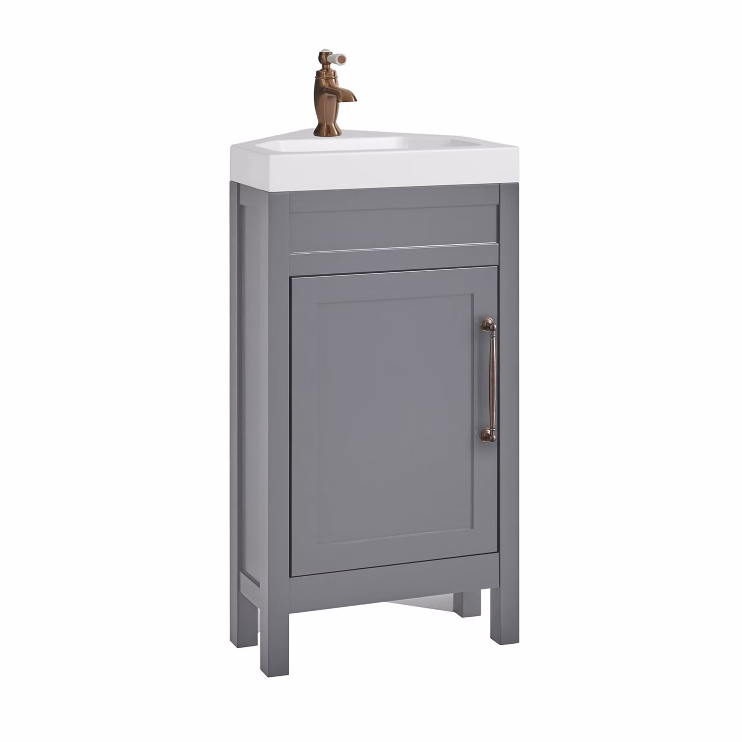 Mobile Bagno Angolare Grigio Chiaro da 450mm con Lavabo e Maniglia Classica con Barra a T in Bronzo Spazzolato - Warwick