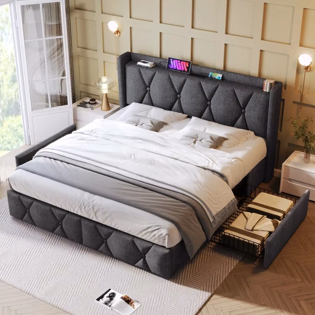 Letto Mivray con 4 cassetti, testiera imbottita e porte USB, rivestito in lino grigio, L/P: 160 x 200 cm – 2