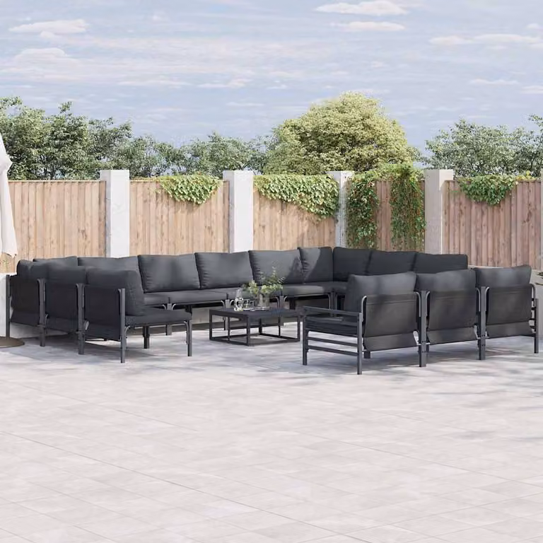 Set Divano da Giardino a L vidaXL 13 pz in Acciaio Verniciato Nero e Antracite con Cuscini Inclusi