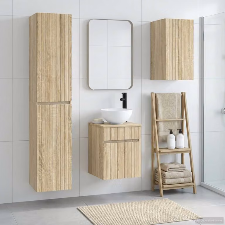 Set di mobili per il bagno vidaXL composto da 3 pezzi in legno marrone con armadietto a specchio, pensile e colonna alta, design minimalista e montaggio a parete