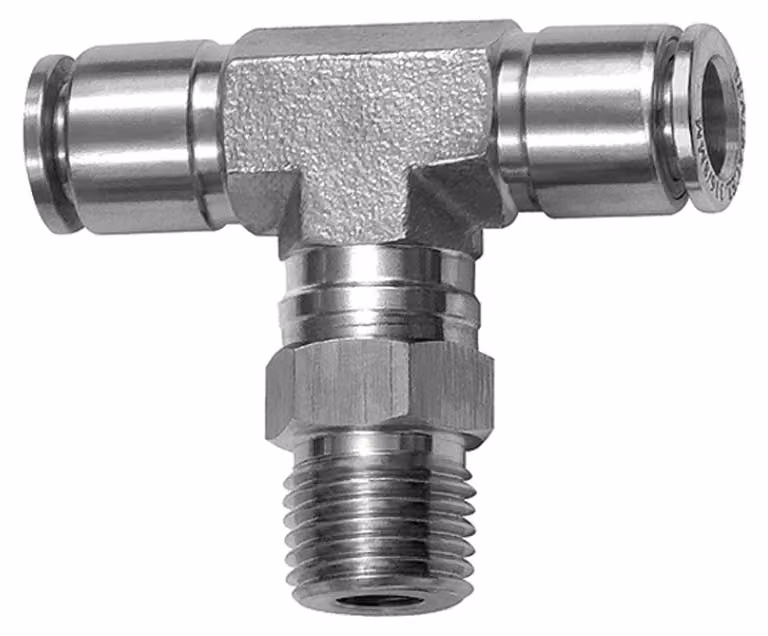 Raccordo a T Riegler, girevole, R 3/8 a., guaina Ø 8, ES 1.4404