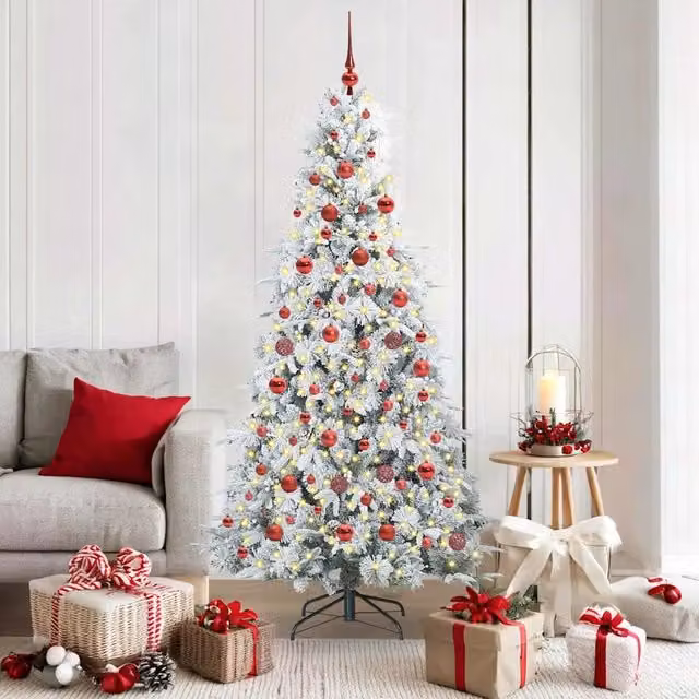 Albero di Natale Artificiale Moderno vidaXL Bianco con Luci LED Warm White e Rami Pieghevoli in PVC e Plastica, Altezza: 180 cm