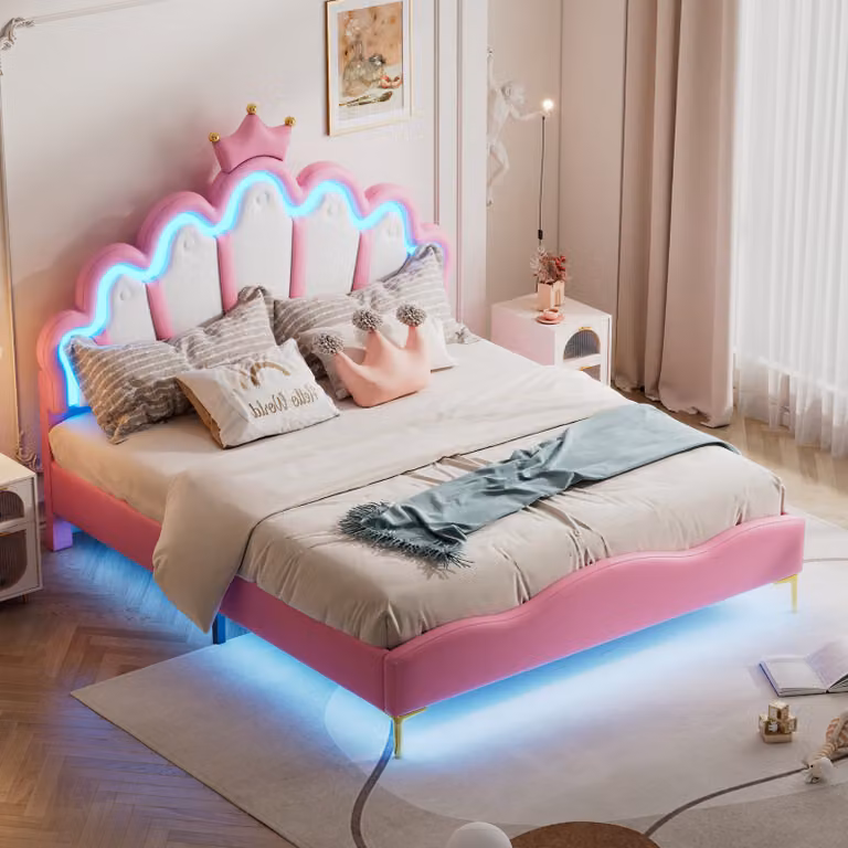 Letto imbottito Flieks 140x200cm con rete a doghe, letto per bambini con testata a forma di , letto per ragazzi letto matrimoniale con led, letto per principesse letto in legno, PU
