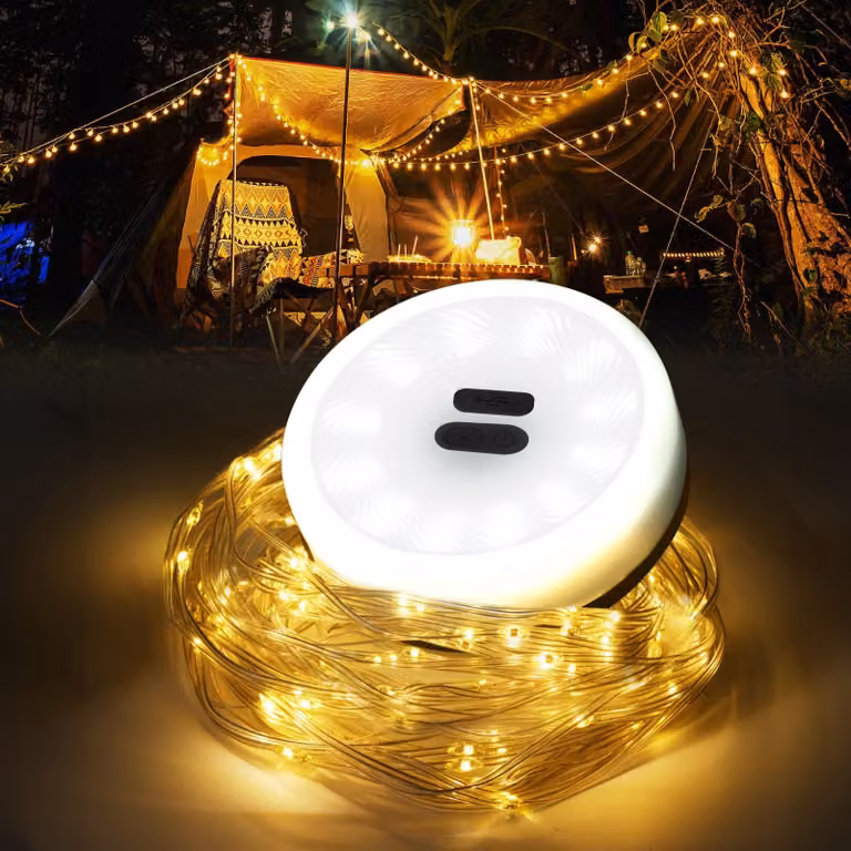 Catena luminosa da campeggio con lampada, 10 metri, luce bianco caldo, 6 modalità, alimentazione USB, grado di protezione IP67/IPX4