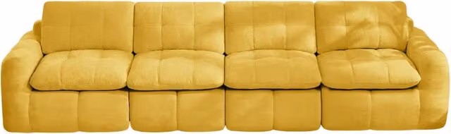 Divano modulare senza telaio a 4 posti in Chenille giallo con schiuma ad alta densità 32D, ampi sedili ergonomici, senza montaggio