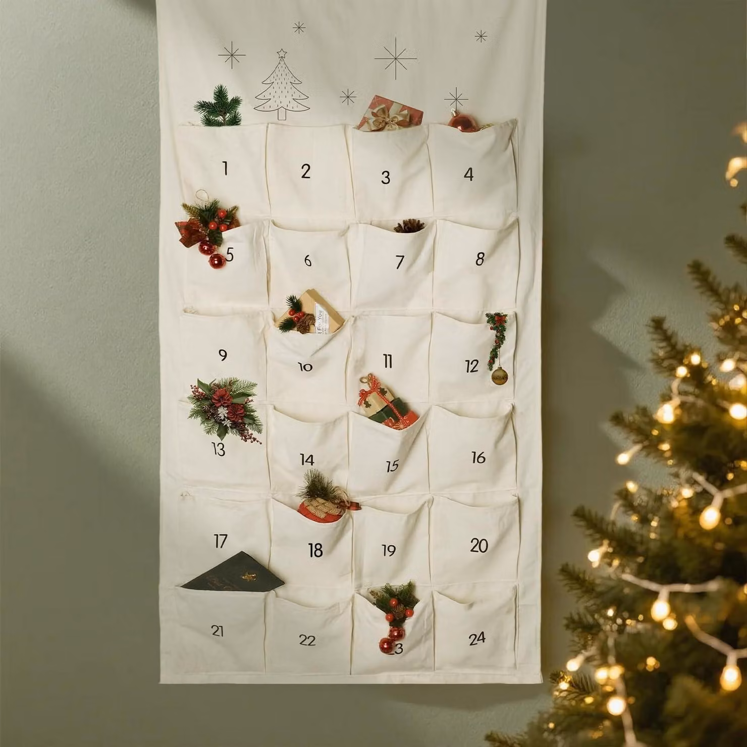 Calendario dell'Avvento in tessuto, riutilizzabile, con 24 tasche, dimensioni 120x70 cm, ideale per essere riempito