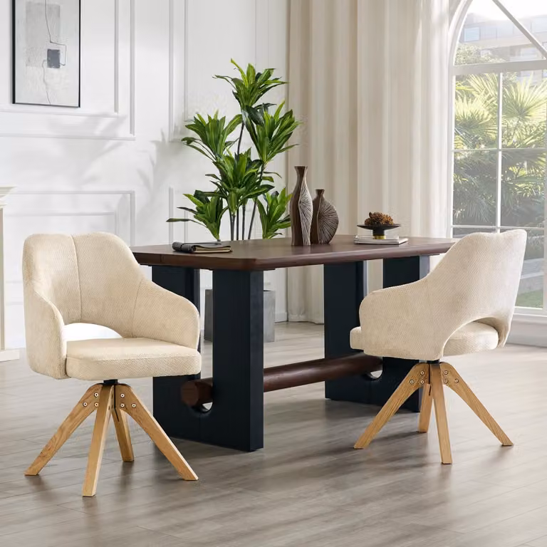 Set di 2 poltrone girevoli in stile retrò. Sedie da pranzo con rivestimento in tessuto bianco e gambe in legno massello. Girevoli a 360 gradi, con movimento silenzioso e schienale curvo