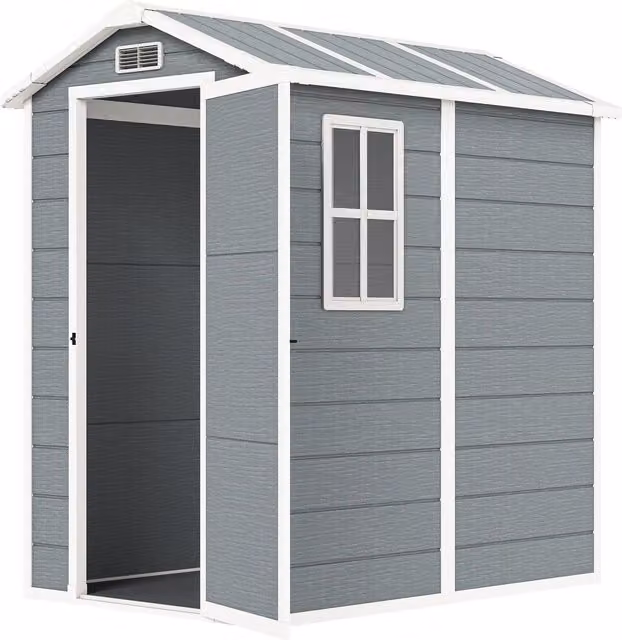 Casetta da giardino in resina Outsunny con pavimento, porta con blocco e finestra, Grigio, L: 180 cm, P: 130 cm, H: 234 cm