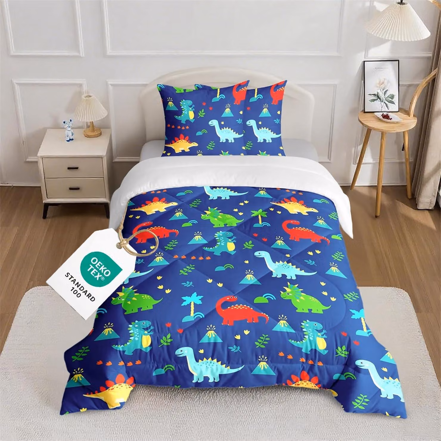 Copertura per letto a forma di dinosauro, 135x200 cm, con federa per cuscino 80x80 cm