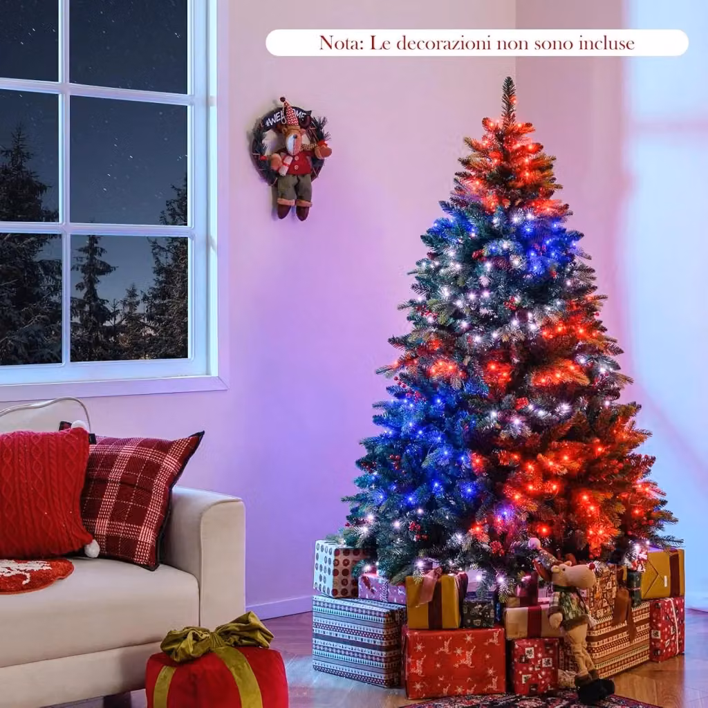 Albero di Natale Artificiale Costway Verde con 370 Luci LED RGB Multicolore, 1054 Rami in PE e PVC, Decorazioni con Pigne e Bacche Rosse, Controllo tramite App e Telecomando, Altezza: 180 cm – 2