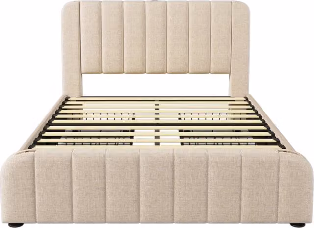 Letto contenitore matrimoniale beige con 4 cassetti, testiera imbottita e porta USB Type-C, L/P/H: 160 x 200 x 101 cm – 1
