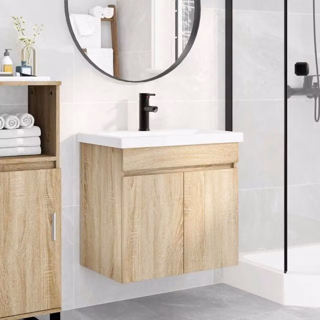 Mobile bagno sospeso vidaXL in rovere con lavabo in ceramica, L: 61 cm, P: 40 cm, H: 74,5 cm