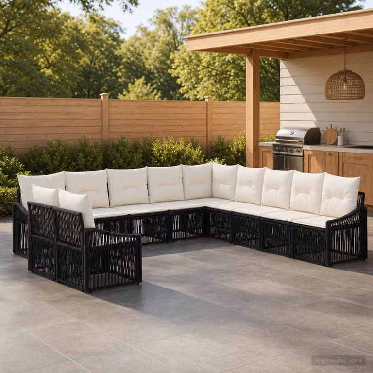 Set Divano da Giardino vidaXL 11 Pezzi Moderno a Forma di U in Polyrattan Nero con Cuscini e Struttura in Acciaio Verniciato a Polvere