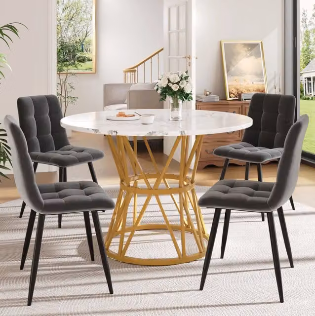Set tavolo e 4 sedie rotondo 100 cm MDF effetto marmo grigio e oro